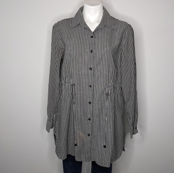 Lafayette 148 New York Black and White Striped Button Down Shirt - Picture 1 of 9